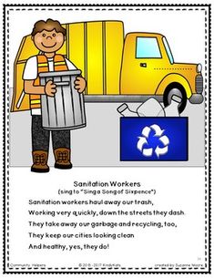 a worksheet with an image of a man holding a trash can and recycling bin