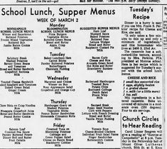 an old school lunch menu is shown in black and white