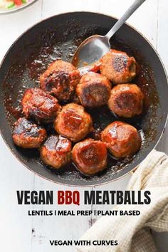 meatballs are being cooked in a skillet with the words vegan bbq meatballs