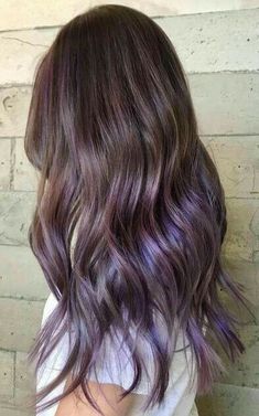 Violet Balayage Blonde, Golden Brown Hair With Purple Highlights, Partial Purple Hair, Lavender Peekaboo Hair Brunette, Lilac Balayage Brunettes, Brown And Lavender Hair, Brown To Purple Balayage, Purple Peekaboo Highlights Brunettes, Brown Hair With Lavender Highlights