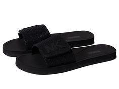 MICHAEL Michael Kors MK Slide - Women's Sandals : Black 4 : Functionality and modern style come together in the MICHAEL Michael Kors MK Slide. Synthetic upper. Slide-on design. Open-toe silhouette. Signature logo detailing. Textile lining. Synthetic footbed. Synthetic sole. Imported. Measurements: Weight: 5 oz Product measurements were taken using size 9, width M. Please note that measurements may vary by size. Weight of footwear is based on a single item, not a pair. Luxury Michael Kors Sandals, Trendy Flat Michael Kors Sandals, Michael Kors Slippers, Mk Slides, Michael Kors Black Flat Sandals, Michael Kors Black Leather Sandals, Michael Kors Slides, Michael Kors Sandals, Slides Women