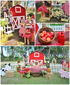 several pictures of farm animals, apples and other things on display in front of a red barn