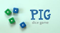 three blue and green dices sitting on top of a white board with the words pig dice game