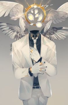 a man in a white suit with wings on his head and hands folded over his chest