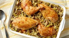 chicken and rice casserole in a white dish