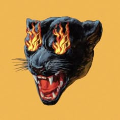 a black cat with flames on its eyes and mouth is shown in the middle of an orange background