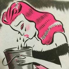 a drawing of a woman with pink hair holding a bucket and pouring water into it