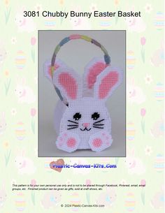 a crocheted bunny bag with ears on it's head and the words, chubby bunny easter basket