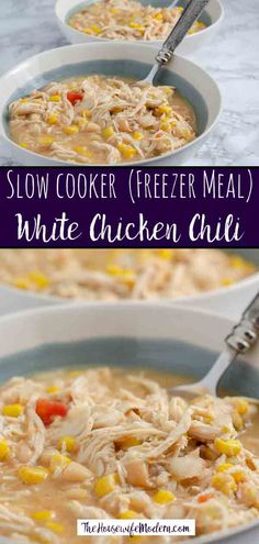 slow cooker freezer meal white chicken chili is an easy and delicious dinner that's ready in less than 30 minutes