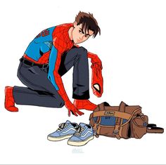 a spider man kneeling down next to a bag and shoes on the ground with his hands in his pockets