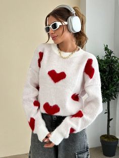 Women's Dropped Shoulder Long Sleeve Heart Pattern Knitted Sweater, Autumn/Winter Beige Casual  Long Sleeve Knitwear Colorblock,Geometric,Heart Pullovers Medium Stretch  Women Clothing, size features are:Bust: ,Length: ,Sleeve Length: White Acrylic Sweater For Winter, Trendy Winter Outerwear With Heart Print, Fall Heart-shaped Sweater, White Heart Sweater For Winter, Cozy Knit Sweater With Heart Design, Cozy Heart-shaped Sweater, Trendy Winter Sweater With Heart Design, White Heart Print Sweater For Winter, Casual Heart-shaped Sweater For Winter