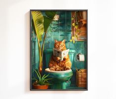 an orange cat sitting on top of a toilet reading a book next to a potted plant