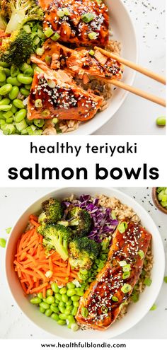 two bowls with broccoli, carrots and sesame seeds in them that are topped with teriyaki salmon buddha bowls