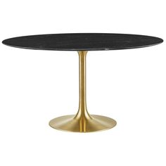 a black and gold dining table with a round marble top on an oval metal base