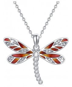 a red dragonfly pendant with white diamonds on it's back and wings hanging from the