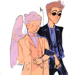 an older man in a suit and tie is next to an older woman with angel wings