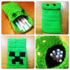 four photos of green crocheted items with toothbrushes in them