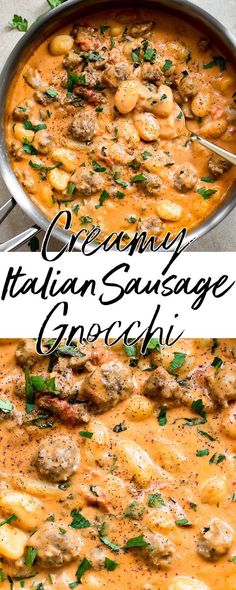 two pictures with different types of food in them and the words creamy italian sausage gnocchini