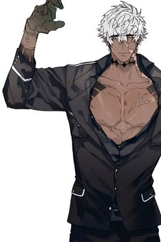 an anime character with white hair wearing a suit and holding his hand up in the air