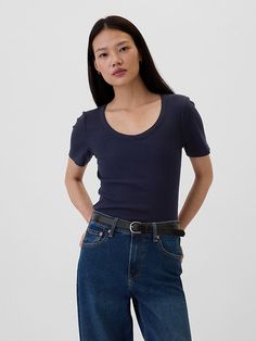 Soft ribbed knit. Short sleeves. Scoopneck. #522376 Knit Short, Ribbed Knit, Gap, Scoop Neck, New Arrivals, Womens Shirts, Short Sleeves, T-shirt, Knitting