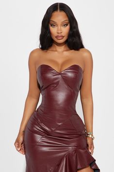 Available In Burgundy. Maxi Dress Faux Leather Strapless Ruffle Hem High Low Back Zipper Sweetheart Neckline Lined Stretch Self: 55% Cotton 45% PU Lining: 100% Polyester Imported | Stacy Faux Leather Maxi Dress in Burgundy size Medium by Fashion Nova Strapless Faux Leather Mini Dress For Date Night, Fitted Strapless Faux Leather Dress, Strapless Faux Leather Dress For Night Out, Strapless Fitted Mini Dress For Fall, Flirty Faux Leather Dress For Date Night, Strapless Mini Dress For Fall Night Out, Fitted Faux Leather Brown Mini Dress, Fitted Brown Faux Leather Mini Dress, Brown Lined Mini Dress For Party