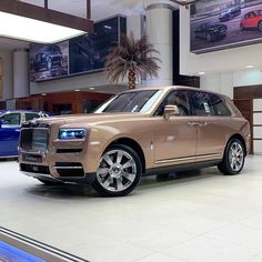 a rolls royce parked in a showroom with palm trees on the side of it