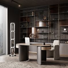 a modern office with black walls and wooden shelves on the wall, along with a round table