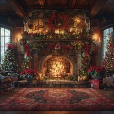 a living room decorated for christmas with a fire place