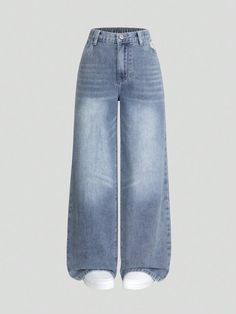 Jeans Perna Larga Vintage Desbotado e Desgastado para Meninas Adolescentes, Moda Casual Lavagem escura    Jeans Simples Perna Larga Não elástico  Teen Girls Clothing, size features are:Bust: ,Length: ,Sleeve Length: Jeans For Teens Girl, Jeans For Teenage Girl, Teen Jeans, Plain Jeans, Wide Leg Denim Pants, Fashion Dark, Clothes Jeans, Cheap Jeans