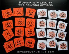 pumpkin memory matching game for kids to play with their halloween themed faces and words on them