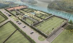 an artist's rendering of a soccer field in the middle of a park with cars parked around it