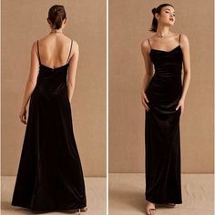 two pictures of a woman in a long black dress, one with her back turned to the camera