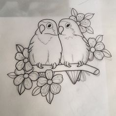 a drawing of two birds sitting on a branch with flowers and leaves in the background