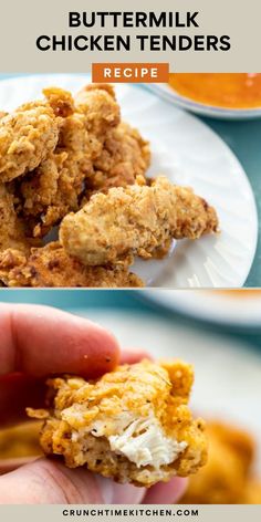 chicken tenders on a white plate with dipping sauce in the background and text overlay that reads, buttermik chicken tenders recipe