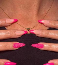 Hot Pink Glitter French Tip Nails Almond, Hoco Nails Long, Barbie Inspired Nails Almond, Pink Tips With Glitter, Pink And Sparkle Nails, Pink Sparkly Acrylic Nails, Nails Fucsia, Nails Almond Pink, Fucsia Nails