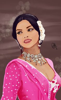 a painting of a woman wearing a pink sari with pearls on her neck and necklace