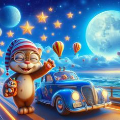 a painting of a cat on the road with an old car and hot air balloons in the sky