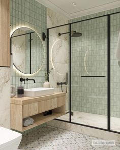 a bathroom with a sink, mirror and shower stall in the middle of the room