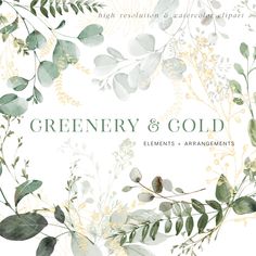 greenery and gold elements & arrangements for watercolors, photoshopped images