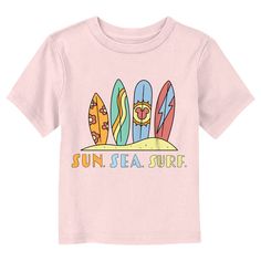 Who knew that dressing "mousey" could be so cute!? Celebrate Walt Disney's most iconic character with this officially licensed Disney Mickey Mouse and Friends Sun Sea Surf Boards Toddlers' Graphic T-Shirt! This easy-breezy tee features four surfboards at the beach with the words: "Sun. Sea. Surf." in colorful letters below. Grab some new Mickey and Friends apparel for the youngest member of the family and make your next trip to the Disney parks a memorable one! Pink Disney Tops For Summer, Disney Cartoon Print Summer T-shirt, Pink Themed Crew Neck Tops, Pink Crew Neck Themed Tops, Disney Letter Print T-shirt For Summer, Disney Summer T-shirt With Letter Print, Summer Disney T-shirt With Letter Print, Themed Pink T-shirt With Graphic Print, Themed Pink Tops With Letter Print