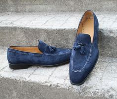 Handmade Men Tassel Loafers Dress Shoes in Navy Blue Suede Leather on Storenvy Blue Round Toe Tassel Loafers For Business, Blue Tassel Loafers For Galas With Round Toe, Blue Slip-on Tassel Loafers For Formal Occasions, Formal Blue Slip-on Tassel Loafers, Elegant Blue Tassel Loafers For Galas, Blue Suede Tassel Loafers With Round Toe, Formal Suede Tassel Loafers For Spring, Blue Suede Slip-on Tassel Loafers, Formal Spring Suede Tassel Loafers