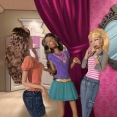 two barbie dolls are talking to each other in front of a pink room with purple curtains