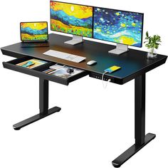 two computer monitors sitting on top of a black desk with a plant next to it