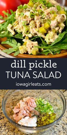 tuna salad in a bowl with lettuce, tomatoes and other ingredients on the side