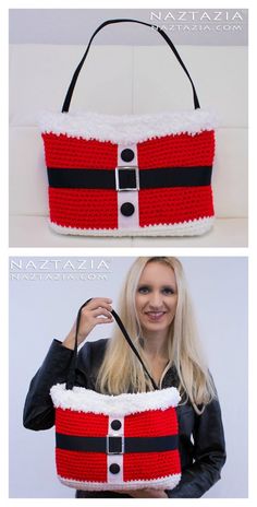 a woman is holding a crocheted santa clause bag with black and white trim