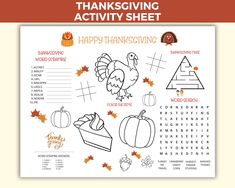 a thanksgiving activity sheet with turkeys, pumpkins and other things to make it look like