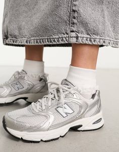 New Balance 530 sneakers in white & silver | ASOS New Balance 530 Silver, Silver New Balance, Nb 530, Silver Outfit, Silver Outfits, New Balance Style, New Balance Outfit, Women's Athletic Wear, Trainer Heels