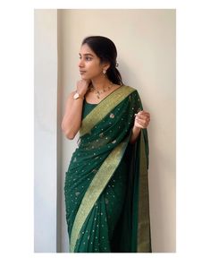 Satin Saree With Full Sleeve Blouse, Dark Green Cotton Saree, Dark Green Saree Look, Freshers Saree Look, Green Saree Look Traditional, Daily Wear Sarees Casual, Dark Green Saree, Blessing Ceremony