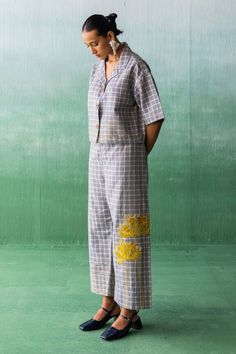 Blue cropped shirt with wave embroidered patterns on a checkered base. Comes with placed floral applique pant. - Aza Fashions Cotton Workwear Sets With Long Pants, Archana Jaju, Embroidered Patterns, Pant For Women, Cropped Shirt, Floral Applique, Crop Shirt, Lapel Collar, Aza Fashion