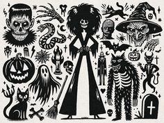 a black and white drawing of halloween characters with pumpkins, bats, skulls, witches